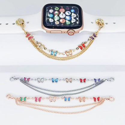 Smartwatch with a colorful butterfly-themed watch band on a white background