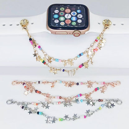 Smartwatch with colorful star-shaped charm bracelet on a white background