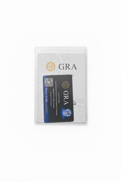 A clear plastic sleeve containing a gray card with the letters 'GRA' in black, holding a black ID-style card with a blue stripe and QR code, shown on a plain white background.