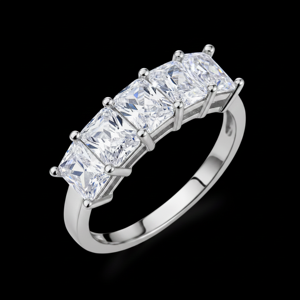 A five-stone diamond ring with princess-cut clear gemstones in a silver-colored metal setting, shown on a clean white background.