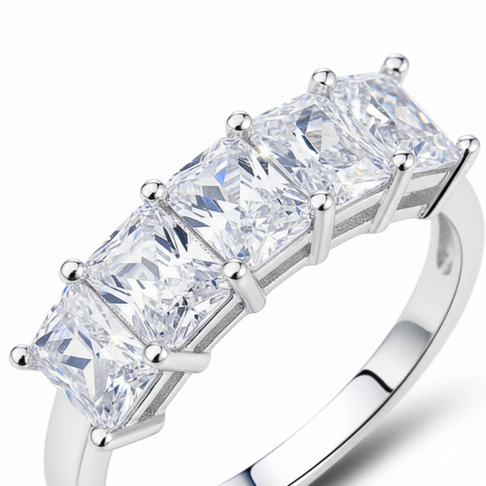 A five-stone diamond ring with princess-cut clear gemstones in a silver-colored metal setting, shown on a clean white background.