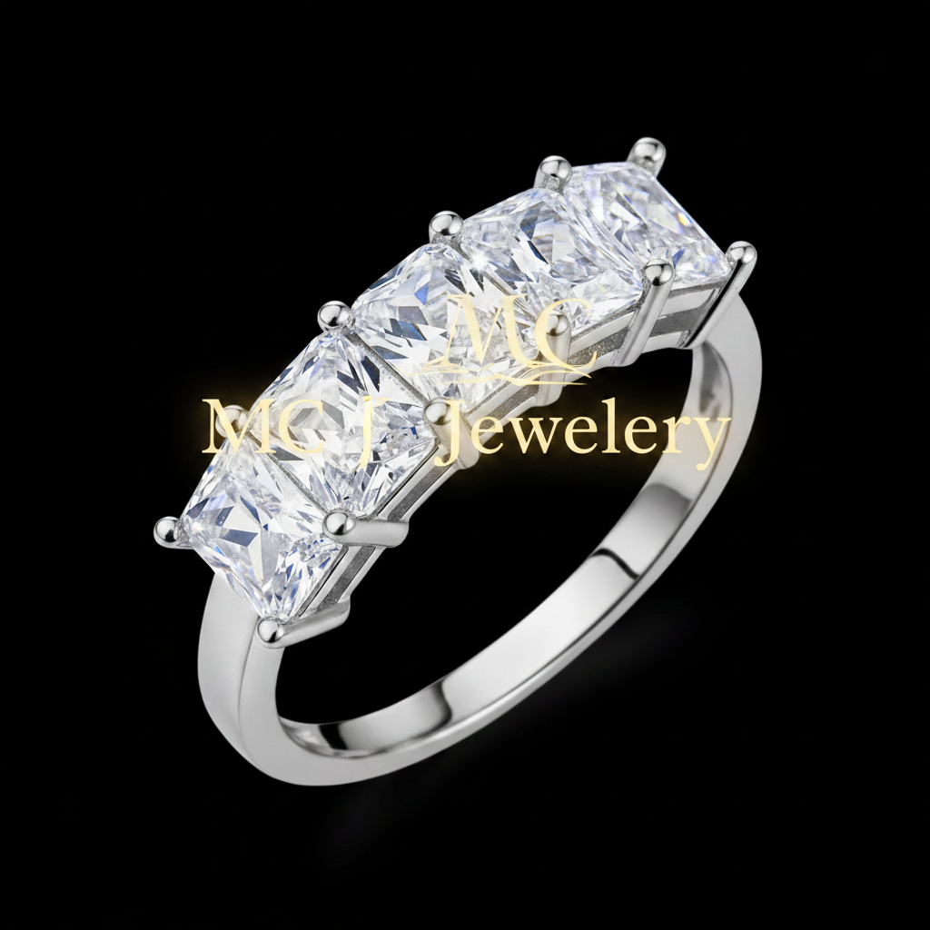 A five-stone ring featuring rectangular princess-cut clear gemstones in a silver-colored metal setting, shown on a solid black background.