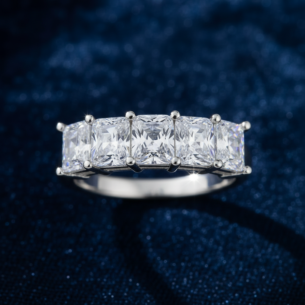 A silver-tone ring featuring five rectangular clear gemstones in a row, set against a dark blue textured background.