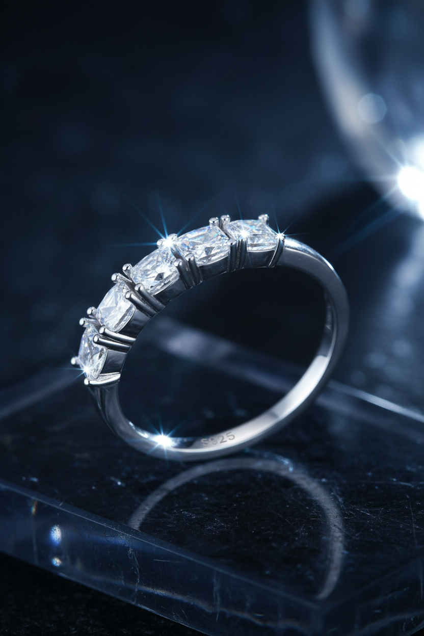 A silver-toned ring with a row of baguette-cut clear gemstones, displayed on a clear acrylic block against a dark blue reflective background.