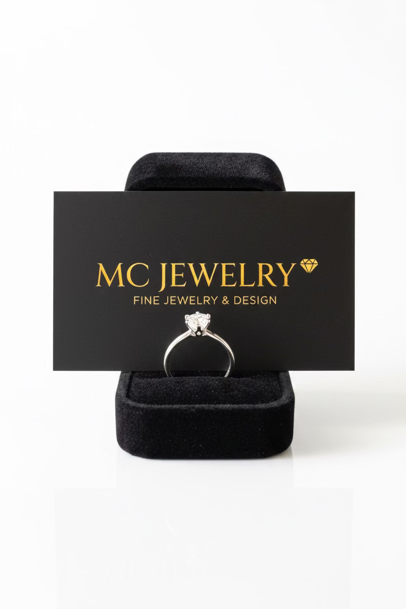 A silver ring with a clear gemstone displayed on a black velvet ring box, with a black card behind it reading 'MC JEWELRY FINE JEWELRY & DESIGN'.