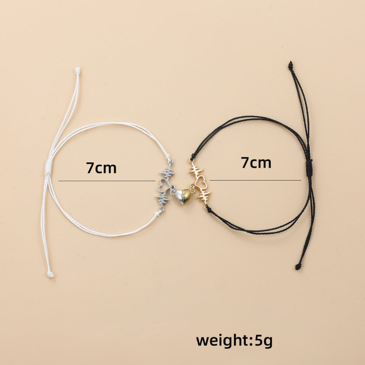 Two bracelets, one white and one black, with measurements and weight displayed on a beige background.