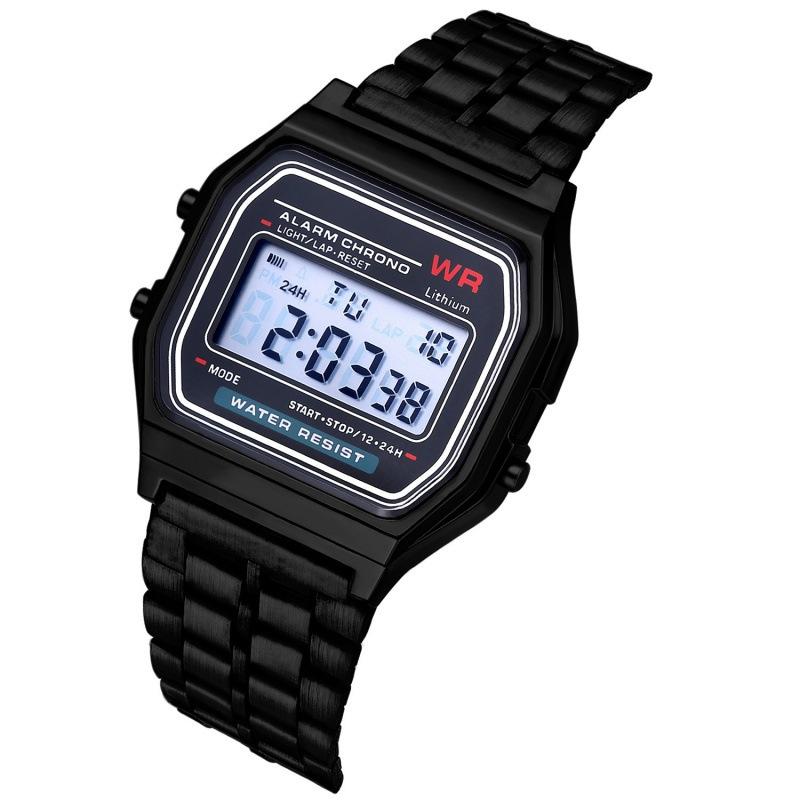 Black digital watch with a white background