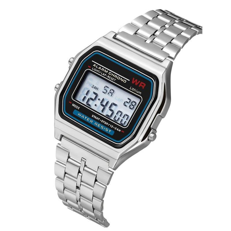 Digital watch with a silver metal strap on a white background