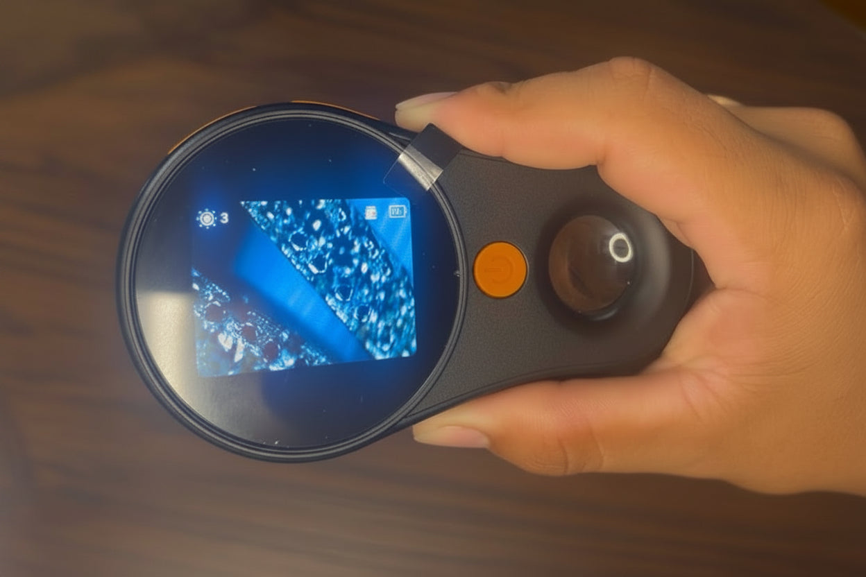 Hand holding a digital magnifier with a close-up view on a wooden surface