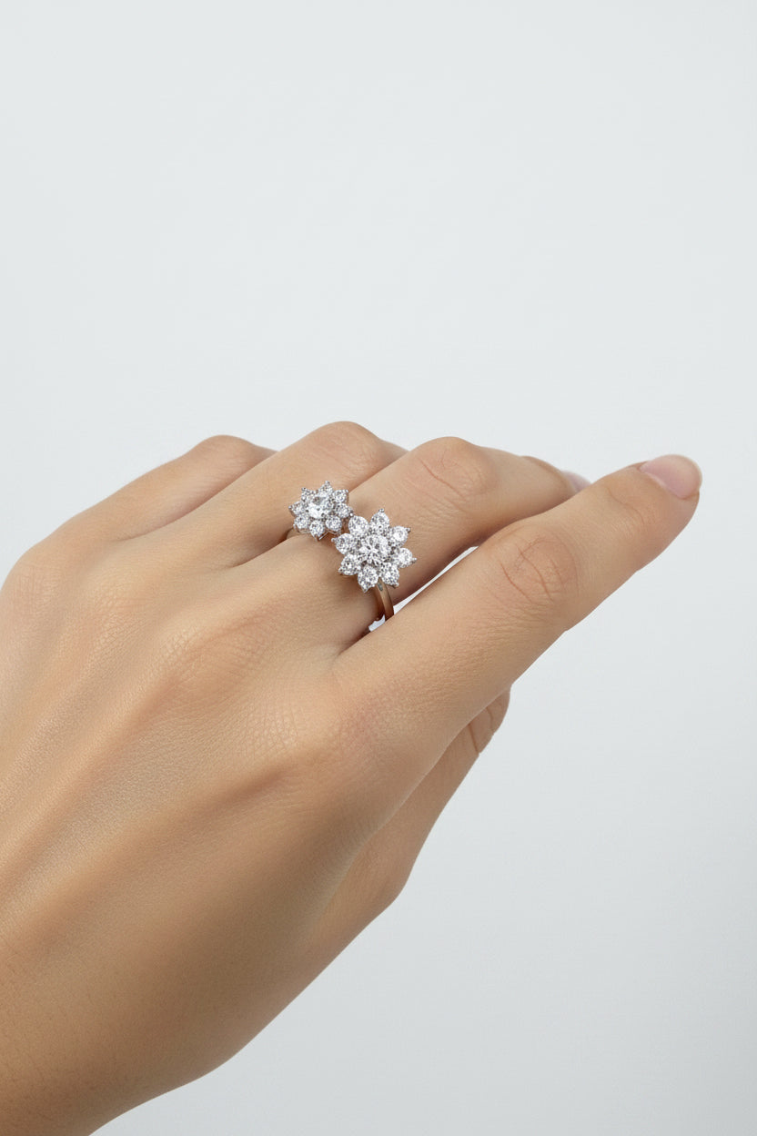 Moissanite ring display on model hand sparkling in white background 