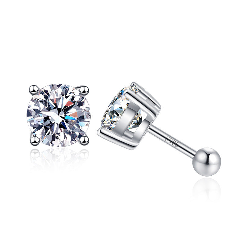 Pair of silver stud earrings with clear gemstones on a white background