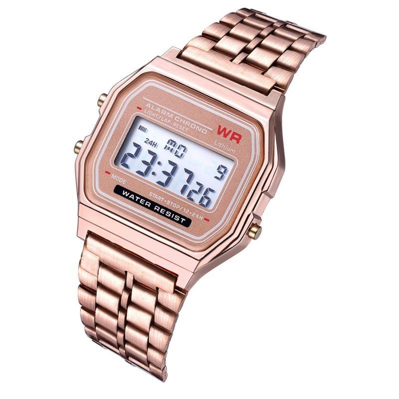 Rose gold digital watch with metal strap on a white background