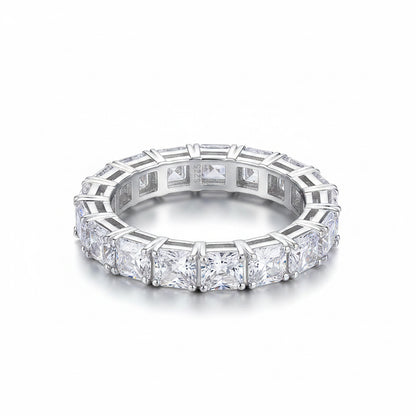 Second placed ring flat no reflection  Silver ring with multiple diamonds on a white background