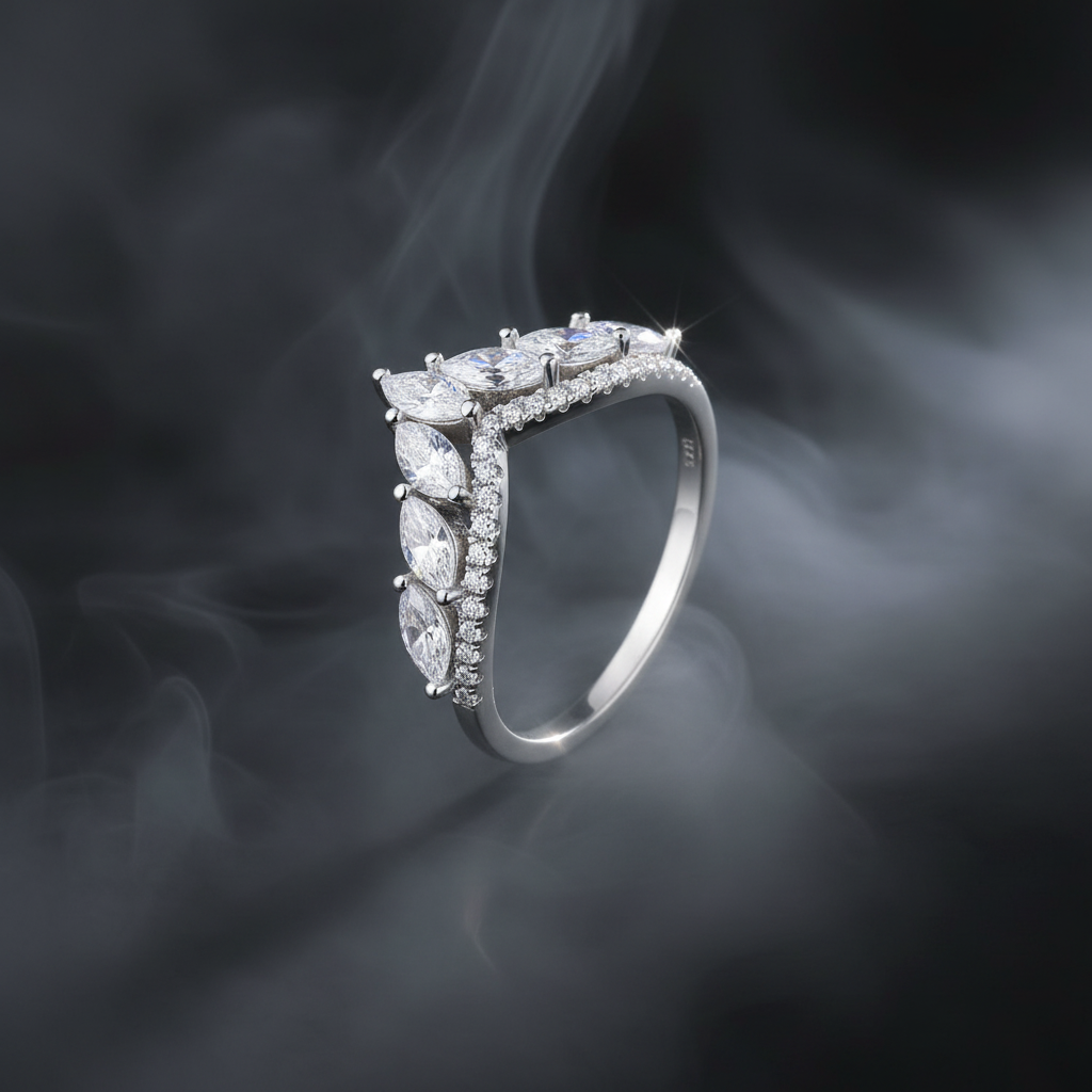 Silver ring with multiple gemstones on a white background
