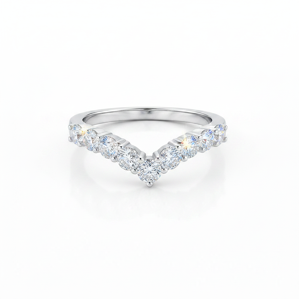 Diamond ring with a V-shaped setting on a white background