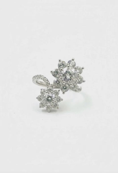 Double Flower Moissanite Bypass Ring – 925 Sterling Silver